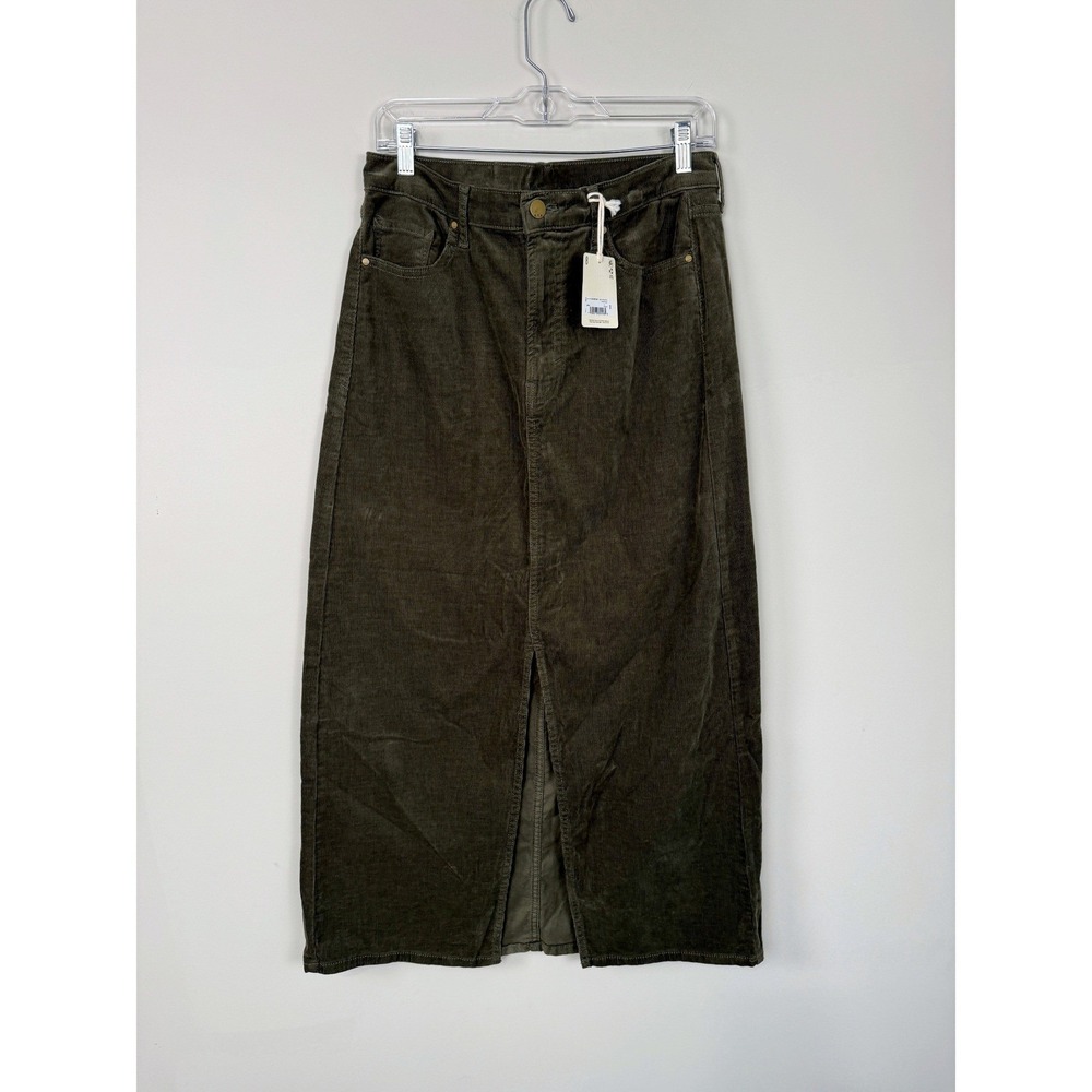 a.n.a NWTs $44 Corduroy Midi Skirt Women 8 Olive Green Front Slit Stretch